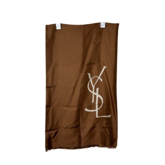 Vintage Yves Saint Laurent solid Brown logo silk rectangle scarf - Picture 1 of 8
